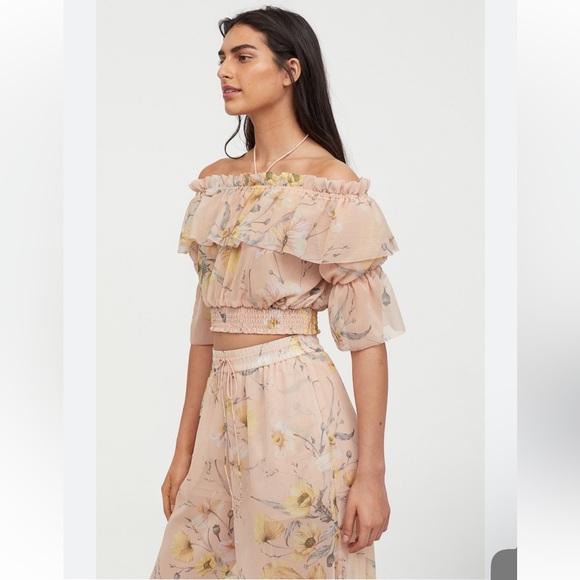 H&M hm Off the Shoulder Ruffle Beige Pink Yellow Floral Print Chiffon Top 2 NWT - Picture 6 of 16